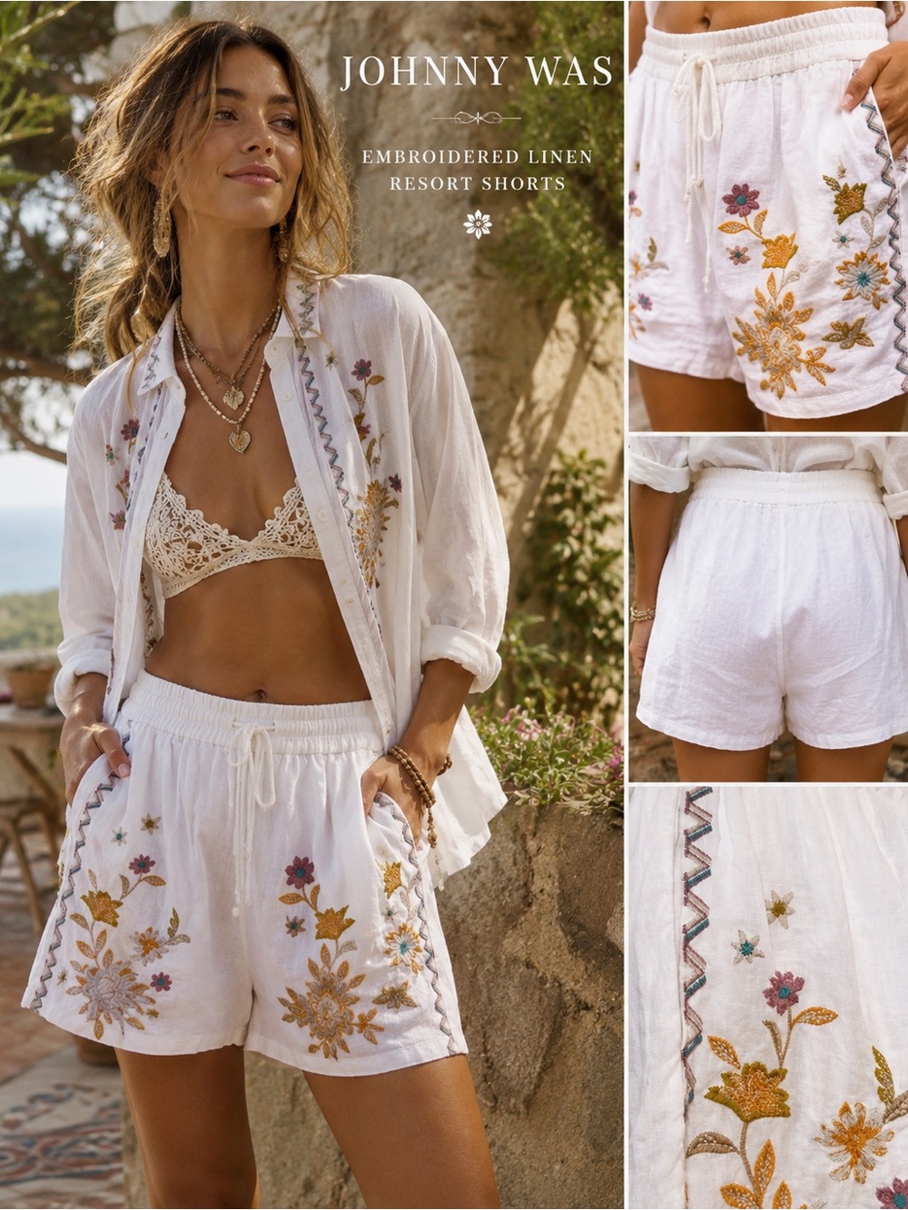 Johnny Was Embroidered Linen Boho Shorts White Floral Drawstring Large Resort